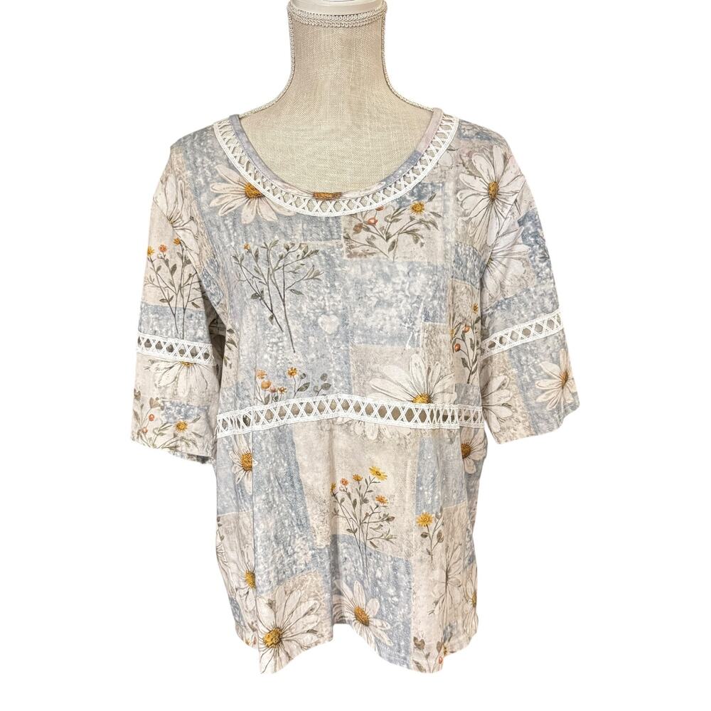 Cherry Betty 100% Cotton Med Vintage Floral Print Hollow Out Top Elbow Sleeve